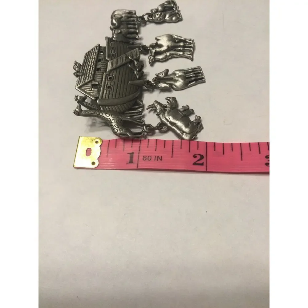 Vtg JJ Noah’s ark brooch pin silver 80s dangle charm lion camel‎ bible Christian